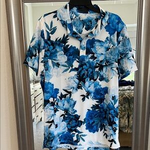 Vibrant Blue Floral Polo Shirt for Men